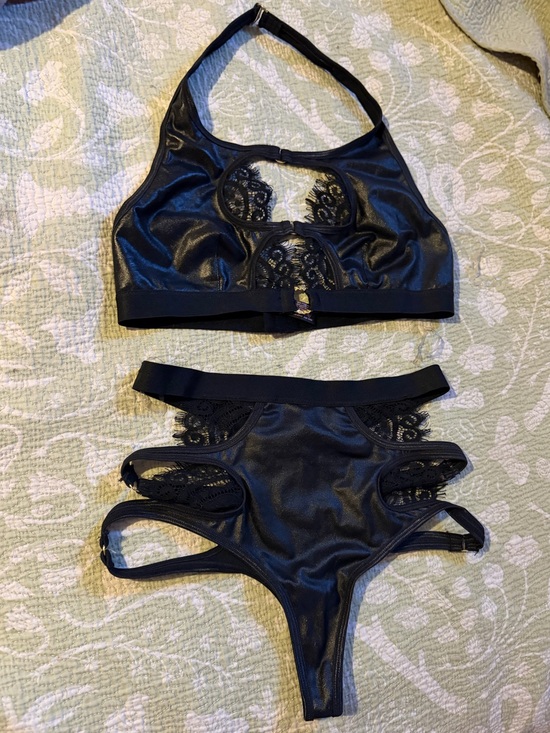 Dreamgirl Other - Dreamgirl Black Lace Halter Bralette with Strappy High-Cut Panty